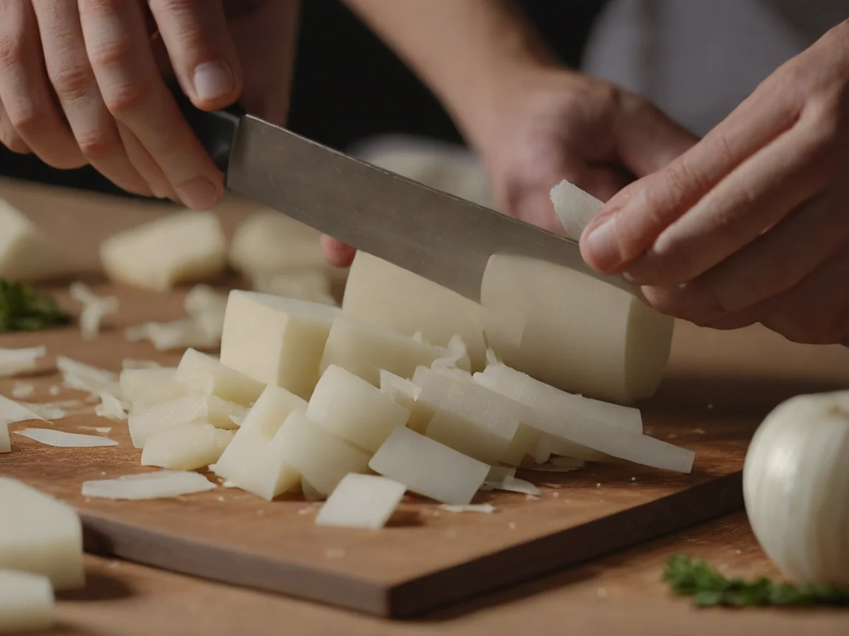 Close-up das mãos cortando cebolinha e repolho com precisão. Os ingredientes cortados com espessura uniforme, apresentando um corte elegante e preciso.