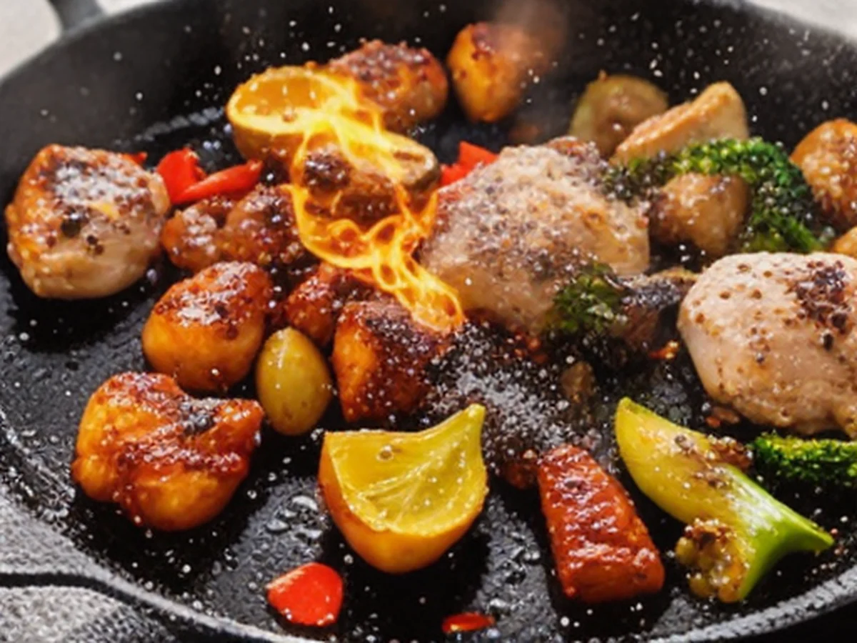 Cena de cozimento em panela. Carne e legumes grelhando bem com óleo, momento natural com fumaça subindo.