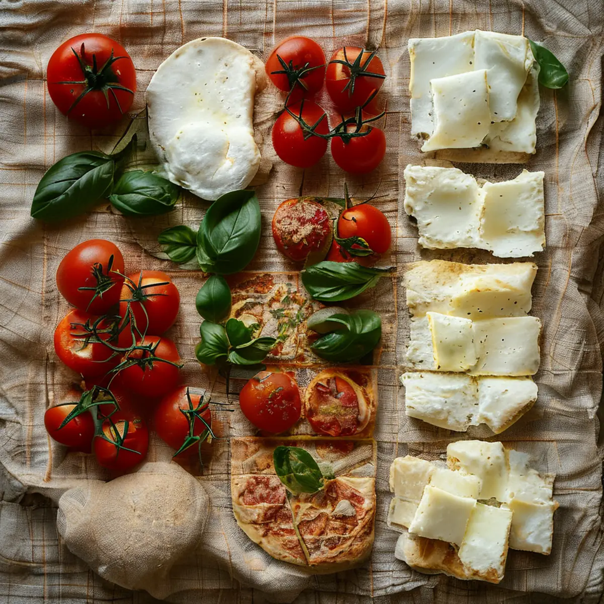 Ingredientes de pizza ordenados: masa, tomates y queso