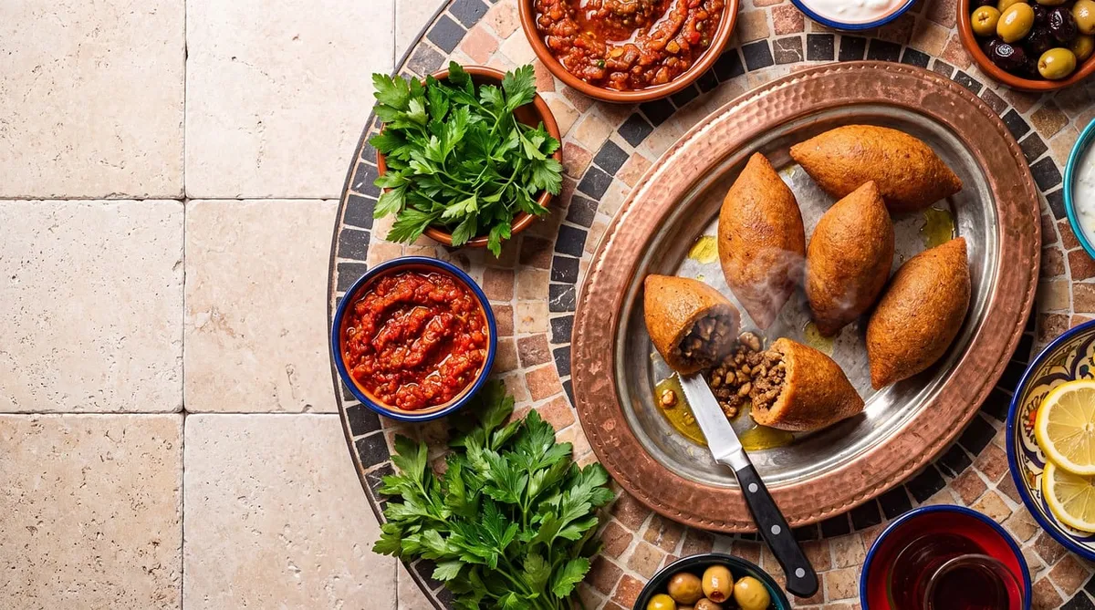 kibbeh, middle eastern, traditional, lebanese cuisine, tiled floor, olives, tomato sauce, parsley, lemon slice, tapas, appetizer, steel tray, mosaic floor, herb