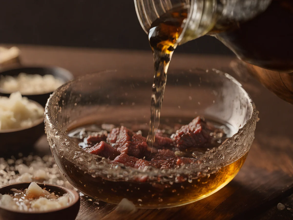 Close-up de um copo de soju com dentes de alho, gengibre e pedaços de pimentão em caldo fervente dispostos lado a lado.