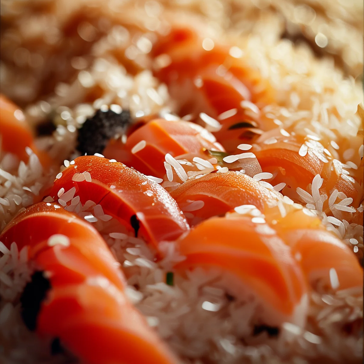 Close-up detail of high-quality seasoned sushi rice and fresh fish texture.